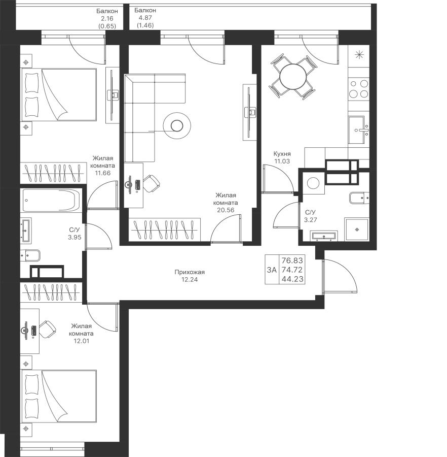 3-комнатная квартира 76.83 м² — купить от 15 442 830 рублей в ЖК Мой Ритм в  Казани (Сабира Ахтямова М1/ПК-4, кв.№ 405)